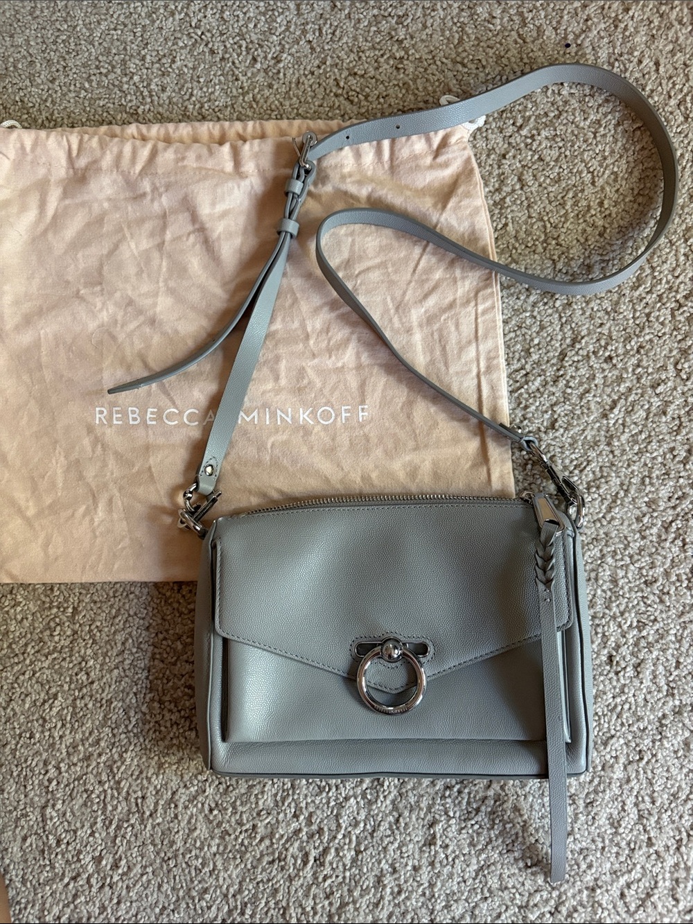 Rebecca Minkoff Light Gray Leather Small Ring-Detail Crossbody